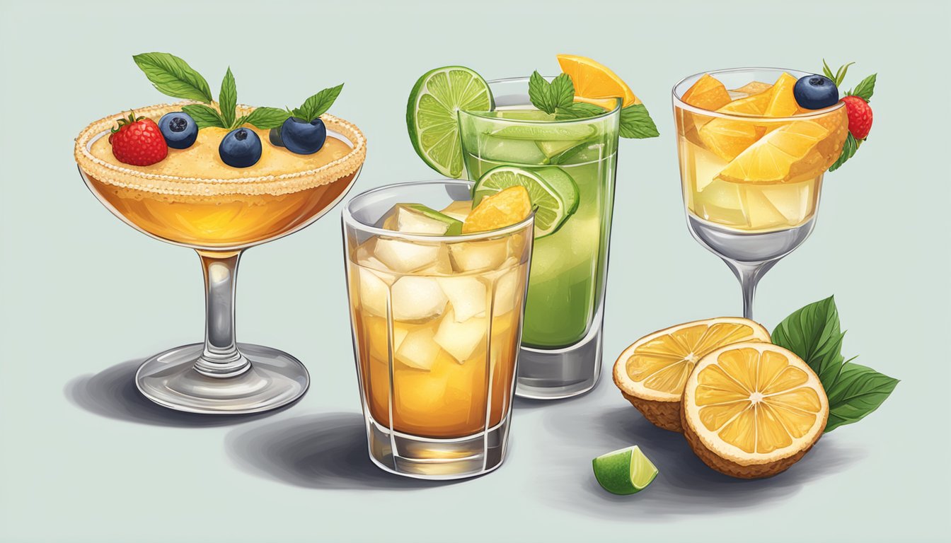 A table with four different tequila cocktails, each garnished with ginger snap cookies and seasonal fruits