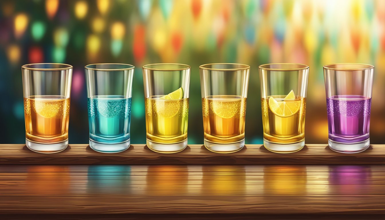 A row of colorful tequila glasses on a rustic wooden bar, each filled with a different shade of golden liquid, set against a backdrop of festive Mexican decor