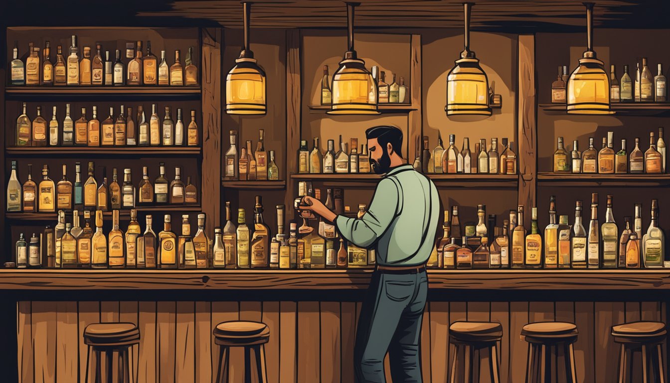 A rustic bar with shelves of tequila bottles, dimly lit with warm tones, and a bartender pouring a flight of tequila samples