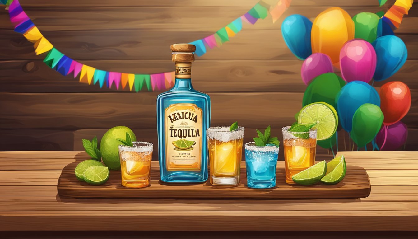 A rustic bar setting with three tequila glasses on a wooden flight board, surrounded by colorful Mexican-inspired decor