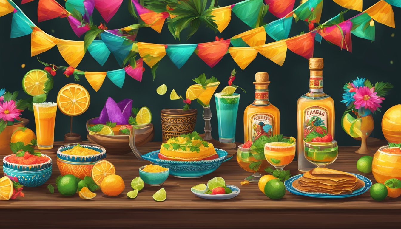 A festive table with colorful Charro Negros tequila cocktails and Mexican-themed decorations for Cinco de Mayo