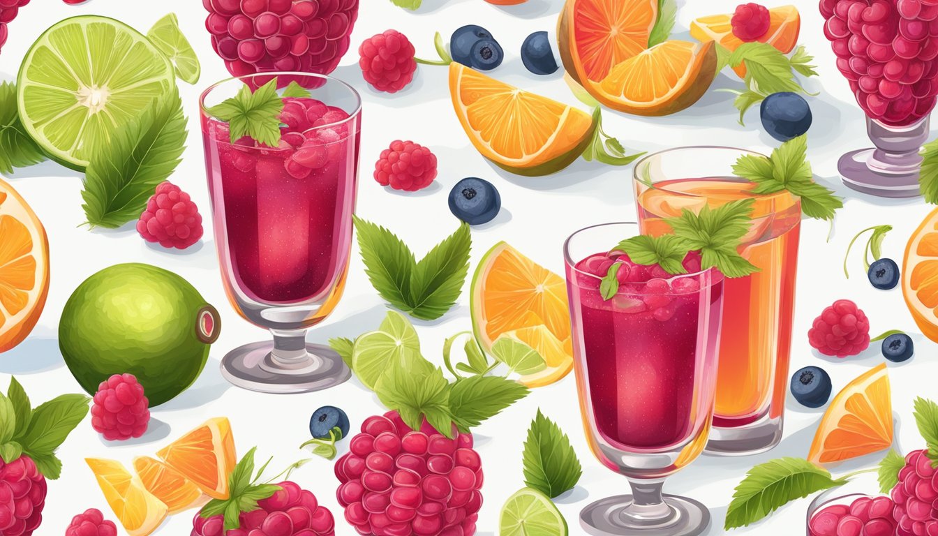 A glass of Raspberry Tequila Fizz surrounded by seasonal fruits and garnishes