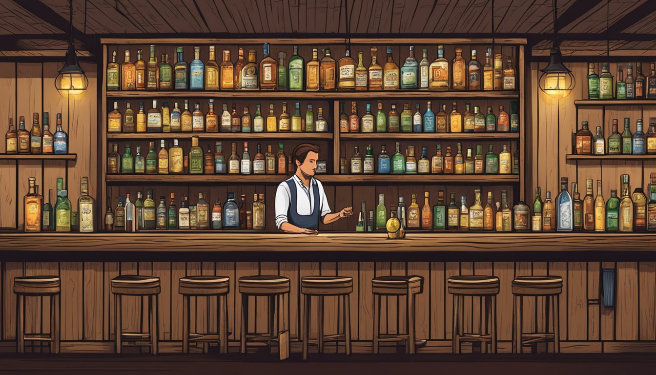 A rustic bar with shelves lined with tequila bottles and a bartender pouring flights for customers