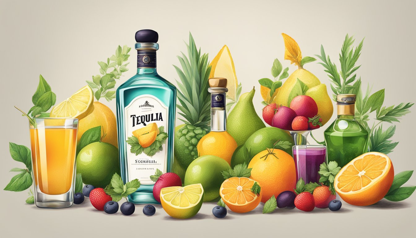 A vibrant display of seasonal fruits and herbs arranged around bottles of tequila, with cocktail glasses and garnishes nearby