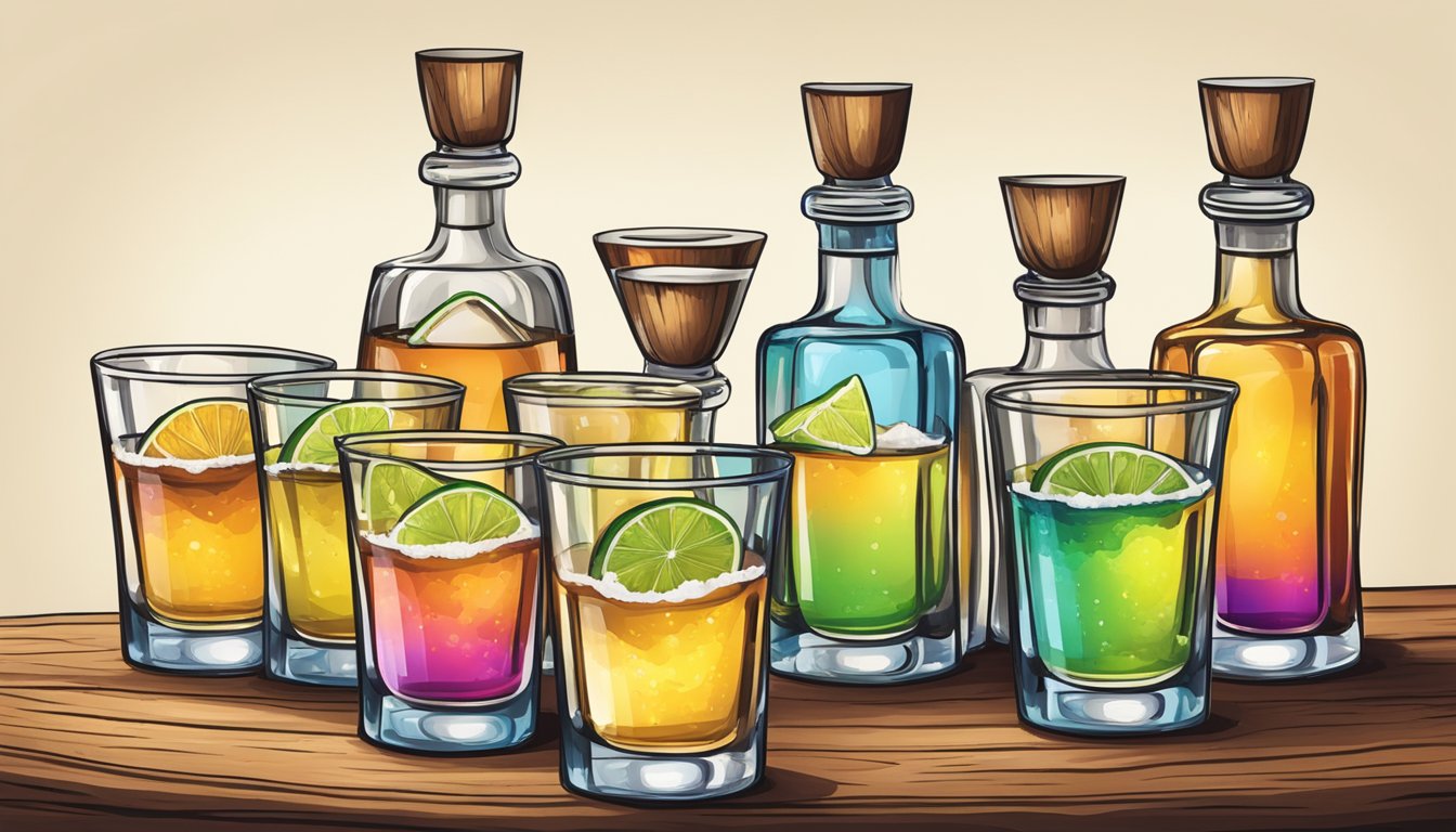 A rustic wooden table displays a variety of tequila glasses, each filled with a different colored liquid. A small dish of salt and lime slices sits nearby