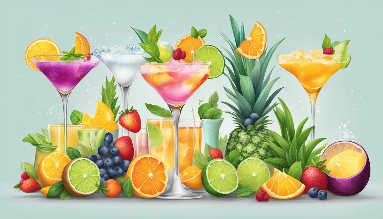 A variety of tequila cocktails surrounded by colorful and creative garnishes, representing different seasons with fruits, herbs, and spices