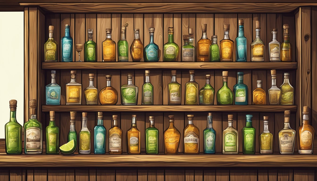 A rustic wooden bar with shelves lined with various tequila bottles, accompanied by small glasses and lime wedges