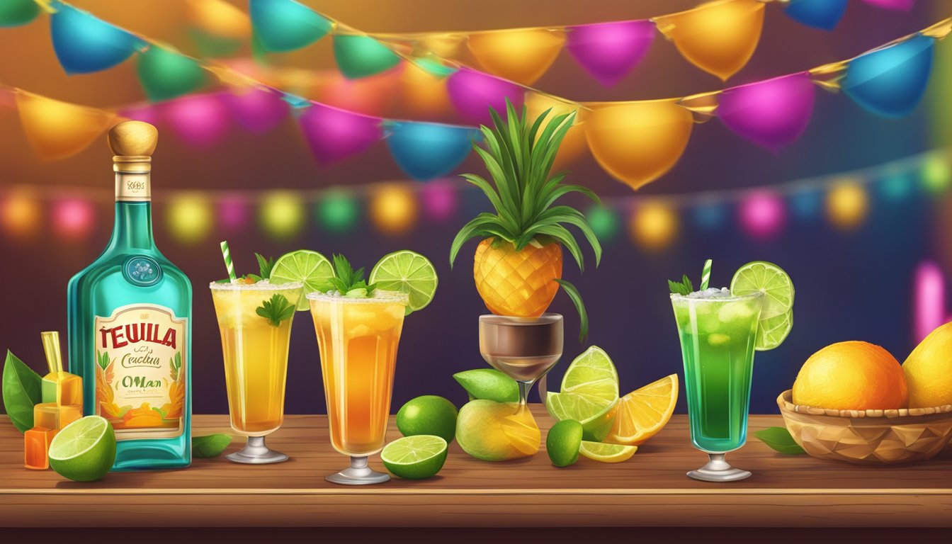 A festive bar setting with colorful tequila cocktails and festive decorations for Cinco de Mayo celebration