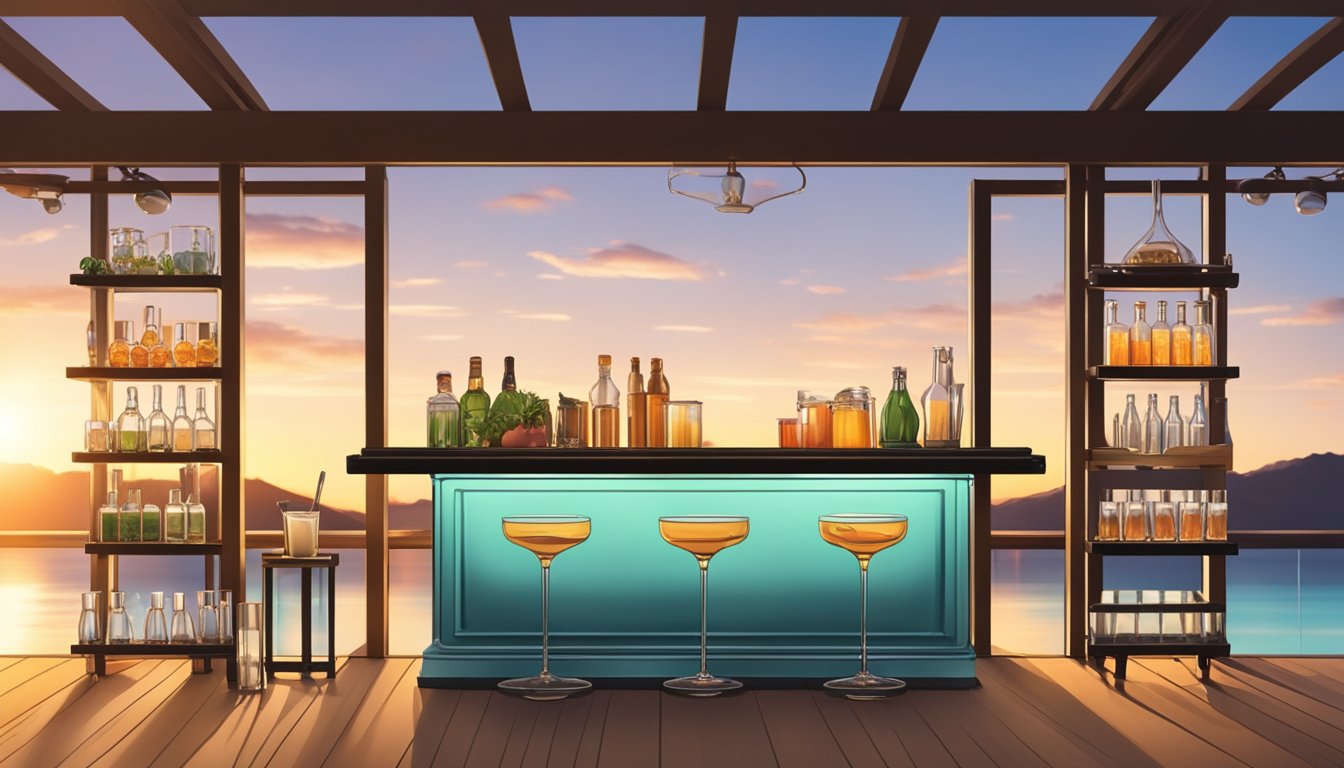 A mobile bar set up with elegant glassware, cocktail shakers, and fresh ingredients, showcased against the backdrop of a Texas sunset