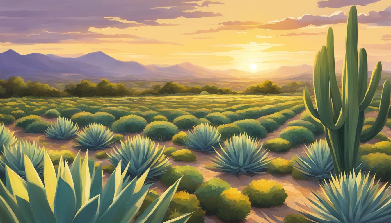 Lush fields of thyme and agave stretch across the Texas landscape, the sun casting a golden glow over the Tequila & Thyme Gardens