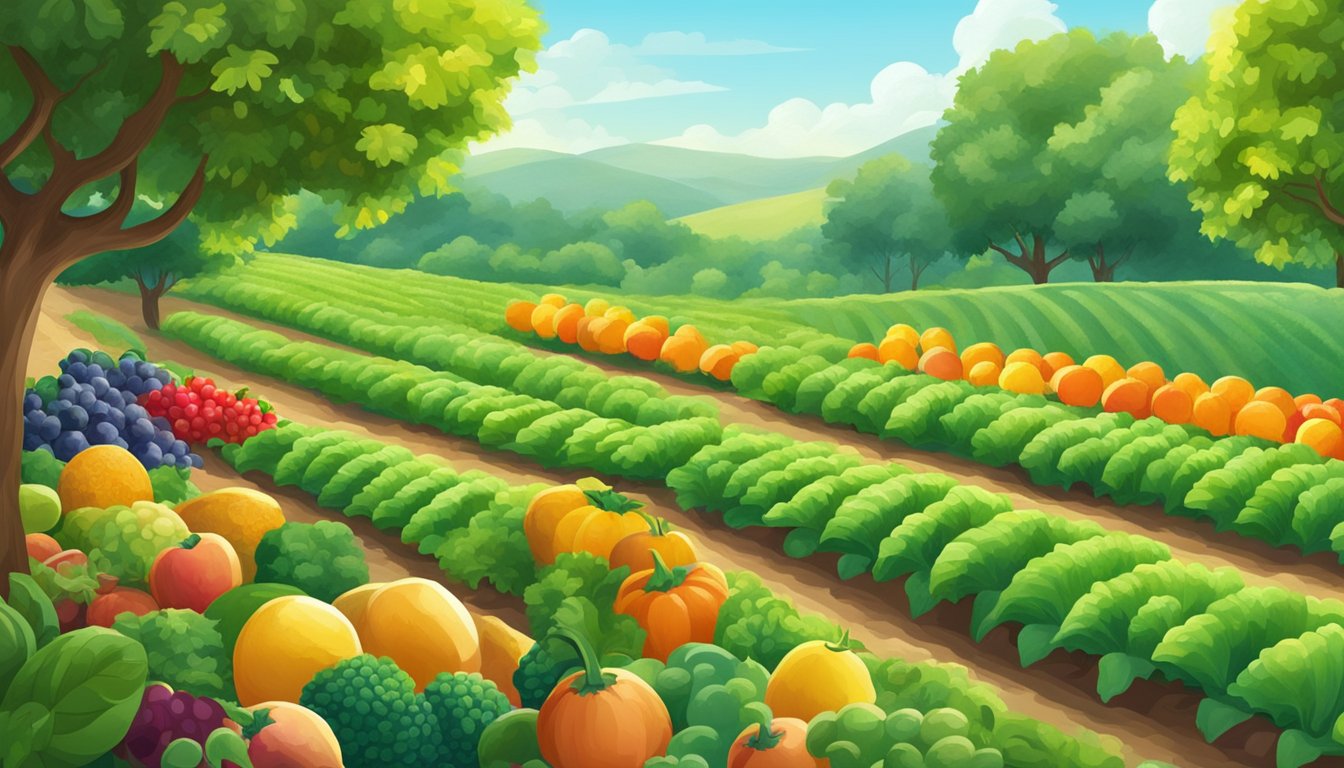 Lush green fields with rows of vibrant fruits and vegetables, under a bright Texas sun