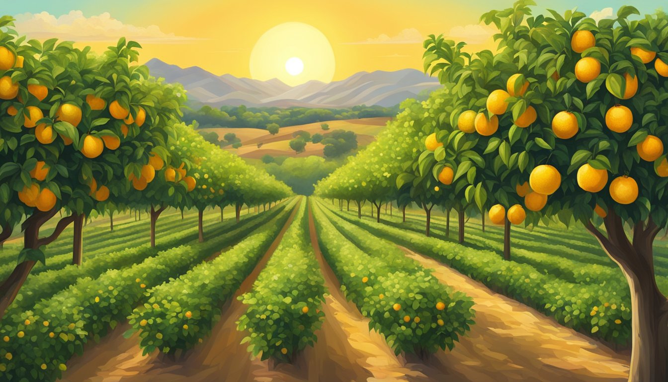 Lush green orchards with rows of citrus trees, ripe fruit hanging from branches. A warm Texas sun casts a golden glow over the sprawling landscape