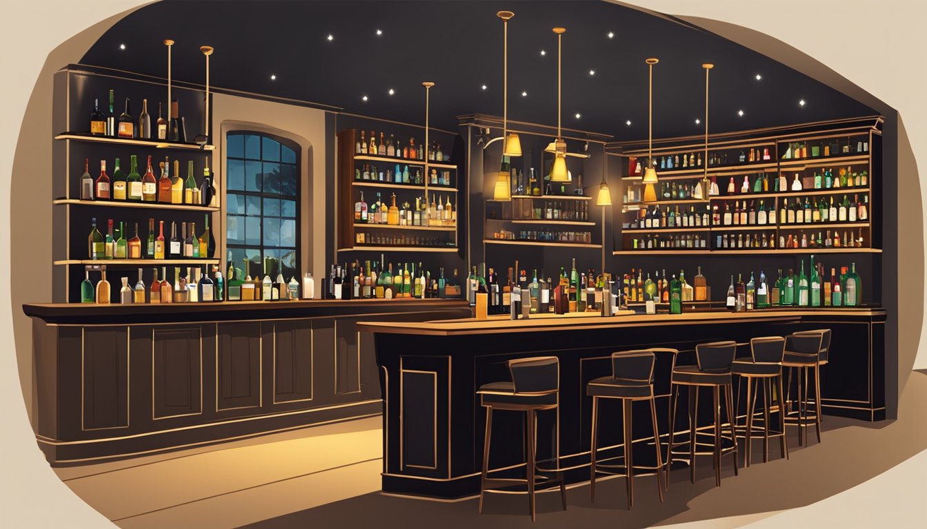 A dimly lit bar with shelves of liquor bottles, cozy seating areas, and a sophisticated ambiance