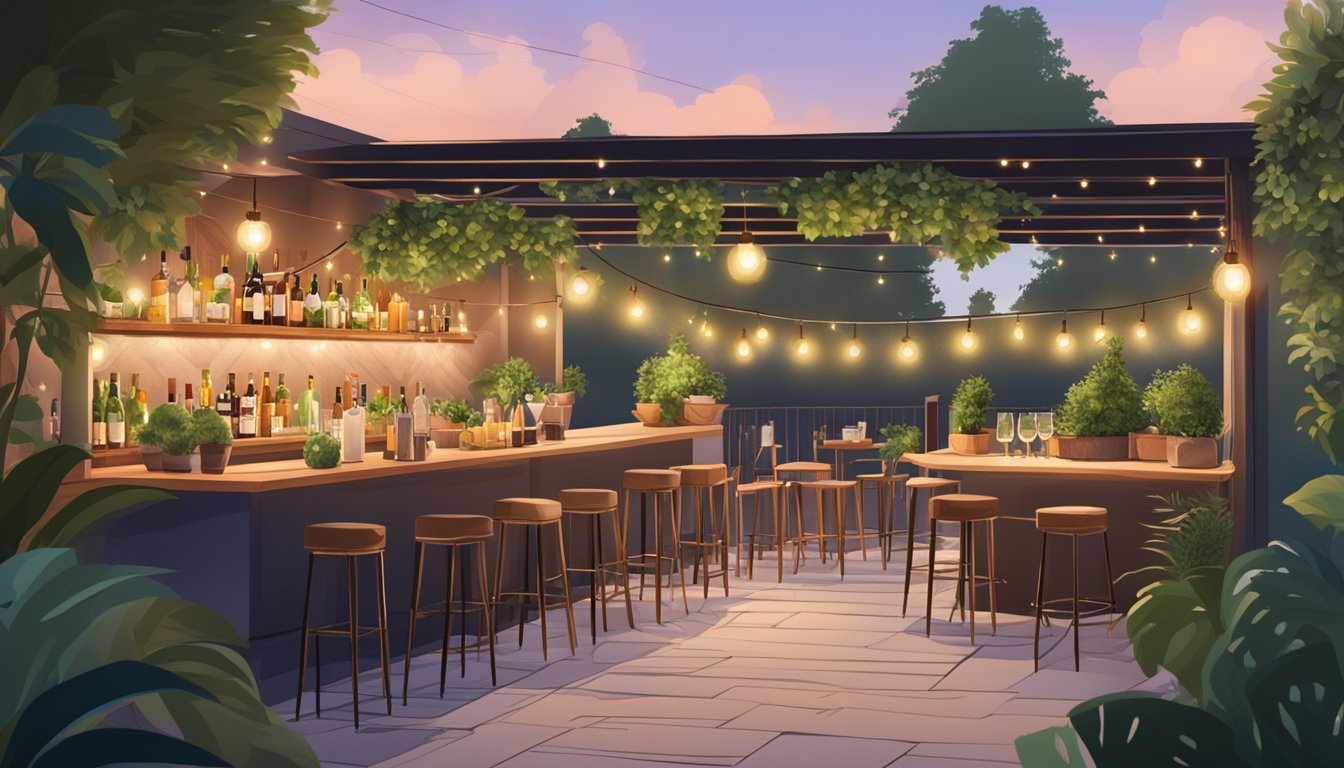 Vibrant outdoor patio with cozy seating, string lights, and lush greenery, surrounded by a stylish indoor bar with elegant decor and craft cocktails