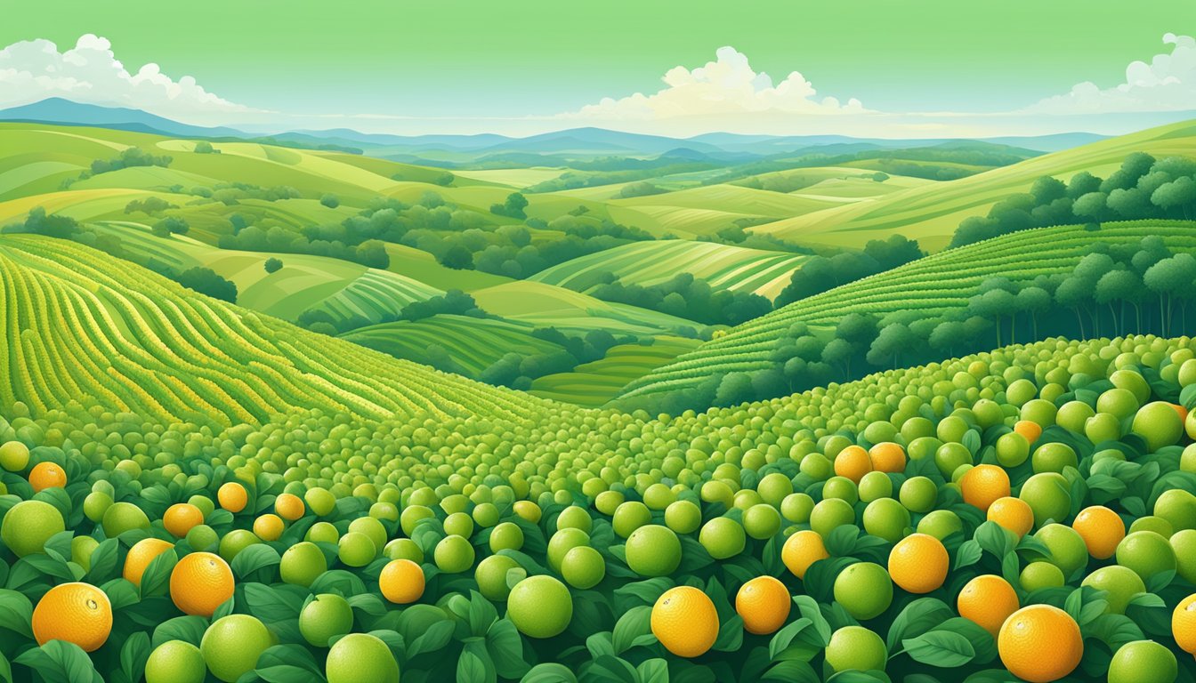 A vast expanse of vibrant green fields dotted with rows of perfectly ripe citrus fruits, surrounded by a backdrop of rolling hills and clear blue skies