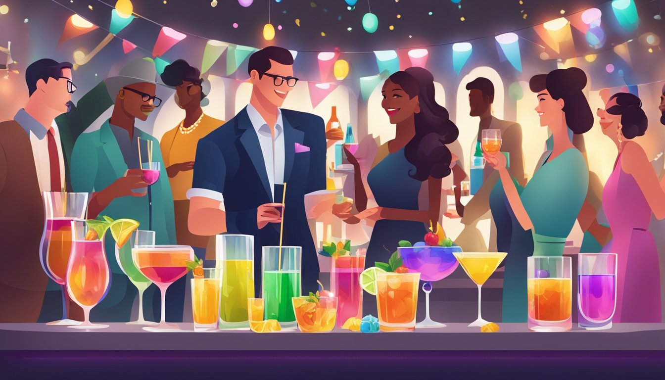 A festive cocktail bar with colorful drinks and elegant glassware, surrounded by happy partygoers mingling and enjoying the Twin Liquors Party Services