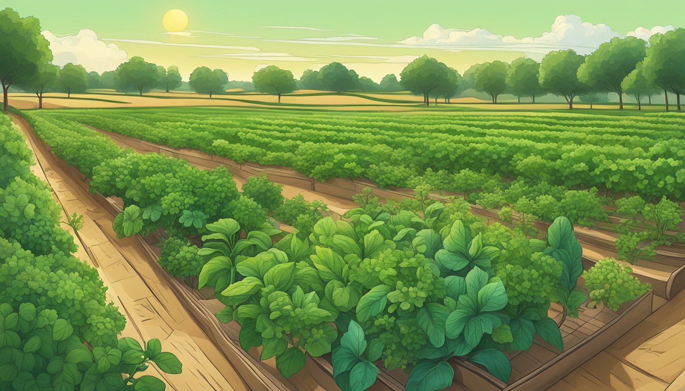 Lush green fields of various herbs and fruits growing under the Texan sun, ready to be harvested for the perfect cocktail garnish