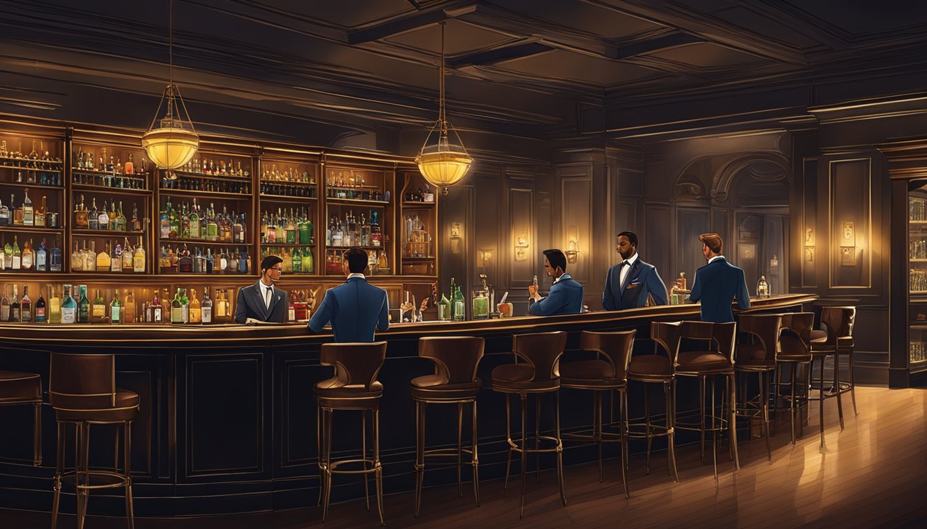 A dimly lit, upscale bar with plush seating, a polished mahogany bar, and shelves lined with premium spirits. A mixologist expertly crafts a cocktail behind the bar, while patrons mingle and enjoy the sophisticated ambiance