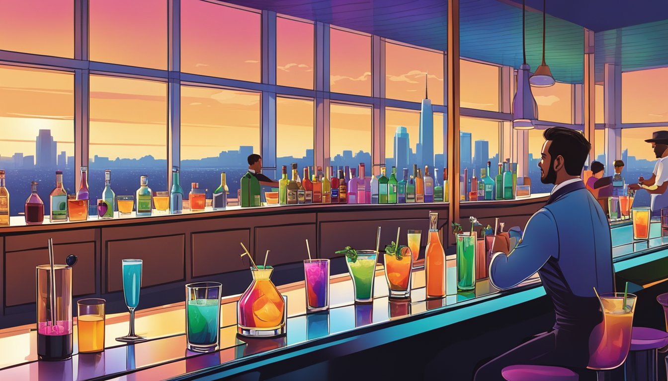 A sleek bar set against a Texas skyline, with a row of colorful cocktails and a bartender in action