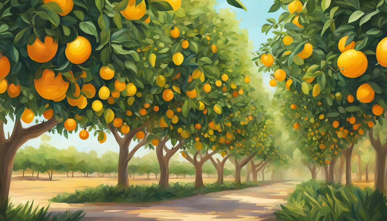 Vibrant citrus groves bask in the warm Texas sun, ripe fruits hanging from lush trees, ready to be transformed into artisanal cocktail garnishes