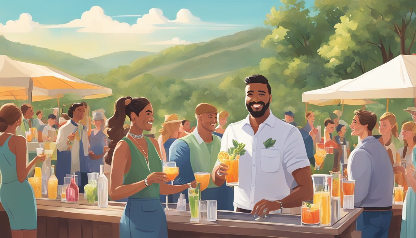 A bartender expertly mixes cocktails at an outdoor event, surrounded by vibrant Texas scenery and happy patrons