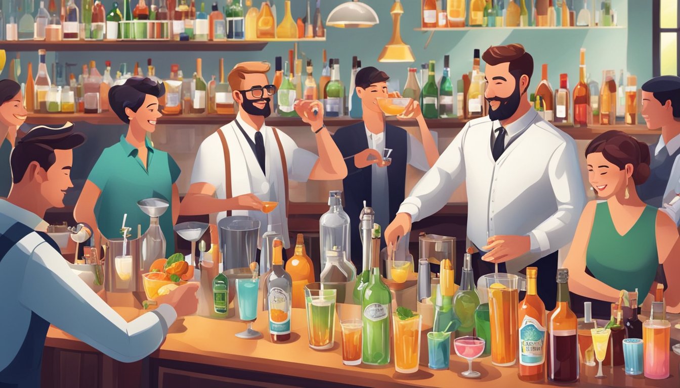 A bartending station with a variety of cocktail ingredients and tools, surrounded by happy party guests enjoying the drinks