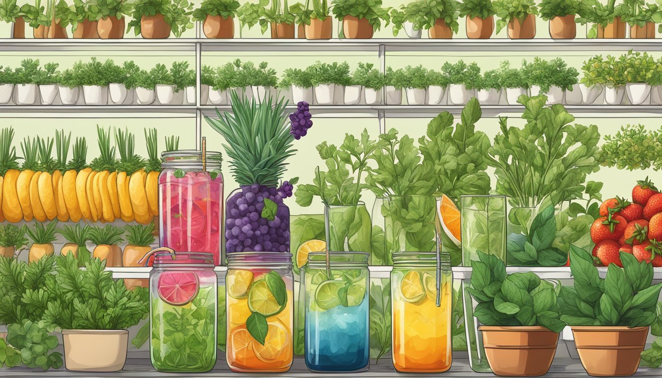 A vibrant cocktail garnish farm in Texas, with rows of fresh herbs, fruits, and flowers ready to be plucked for the perfect drink presentation