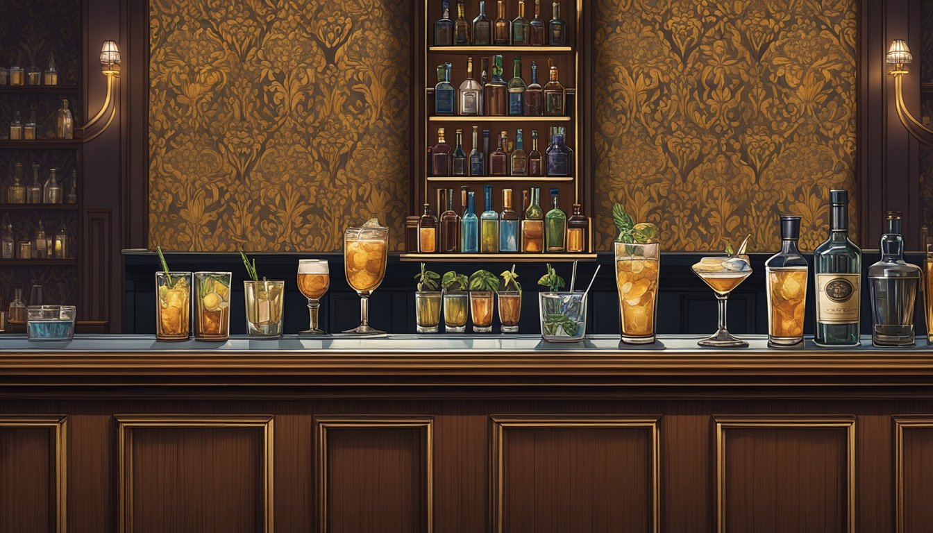 A dimly lit bar with a polished mahogany counter, vintage-inspired cocktail glasses, and a backdrop of ornate wallpaper and velvet drapes