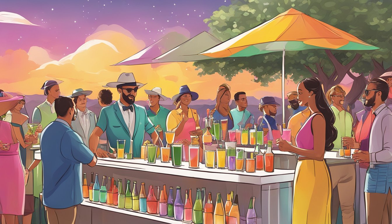 A festive outdoor party with colorful cocktails being served by a professional bartender at a Texas event