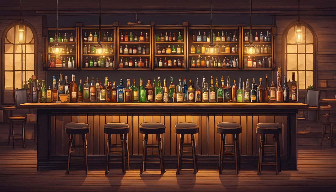 A cozy, dimly lit bar with a rustic wooden bar top, shelves lined with various bottles of liquor, and vintage cocktail glasses displayed. Warm, ambient lighting creates a relaxed and inviting atmosphere