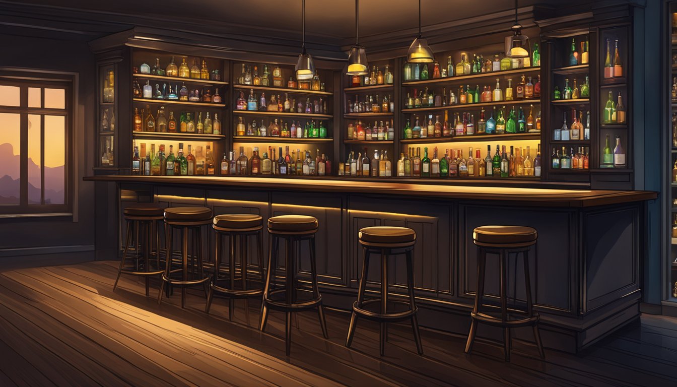 A dimly lit bar with a polished wooden bar top, shelves of gleaming liquor bottles, and a row of plush bar stools