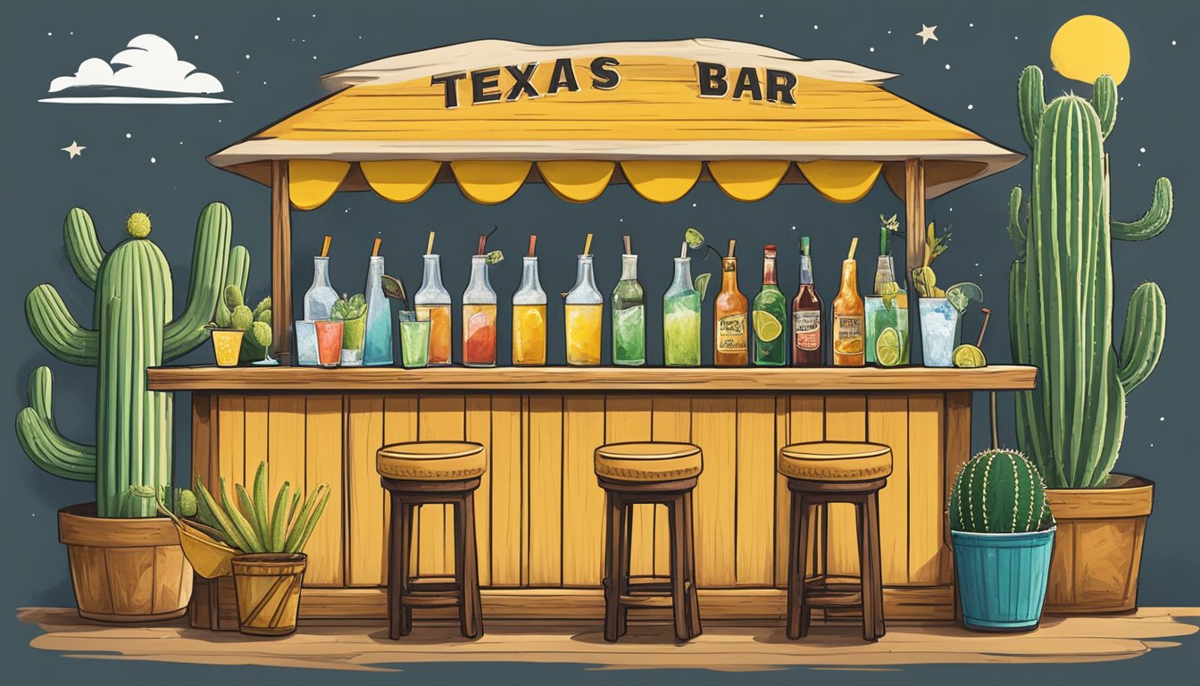 A rustic Texas bar with a lemonade stand, microphone, and cocktail ingredients, surrounded by cowboy hats and cacti