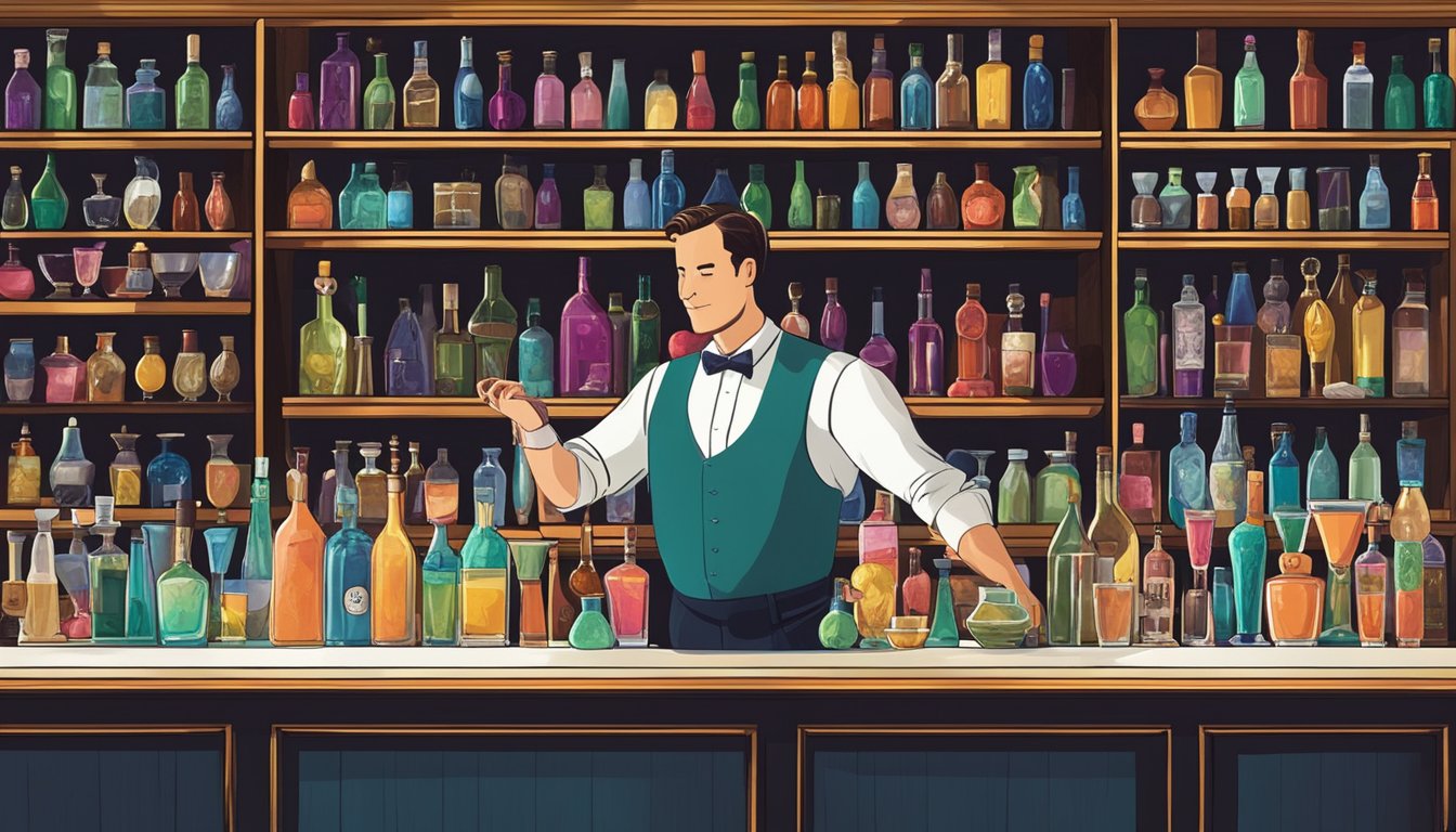 A dimly lit bar with shelves of colorful liquor bottles, a marble-topped bar, and vintage-inspired glassware. A mixologist expertly crafts a vibrant cocktail