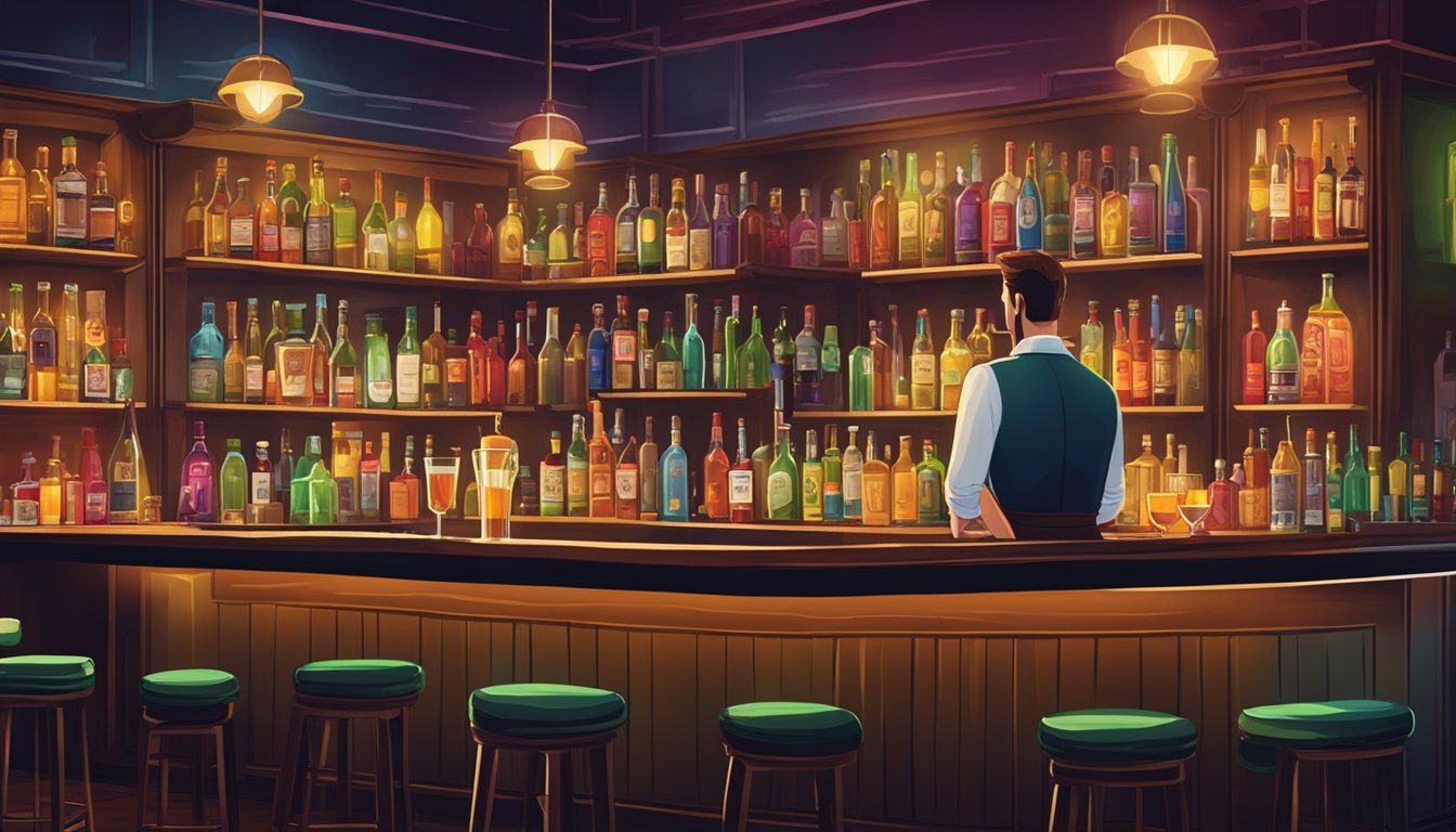 A dimly lit bar with a polished wooden bar top, vintage bar stools, and shelves of colorful liquor bottles. A mixologist expertly crafts a vibrant cocktail