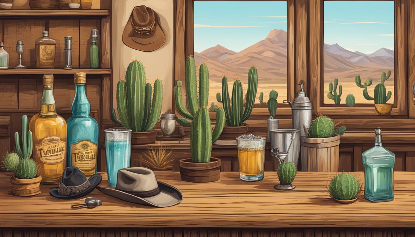 A rustic bar with cactus decor, cowboy hats, and a vintage microphone. A tumbleweed rolls by as a bottle of tequila and cocktail shaker sit on the counter