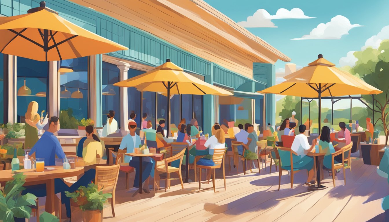 A bustling outdoor patio with colorful cocktails and brunch dishes being served under a vibrant Texas sky