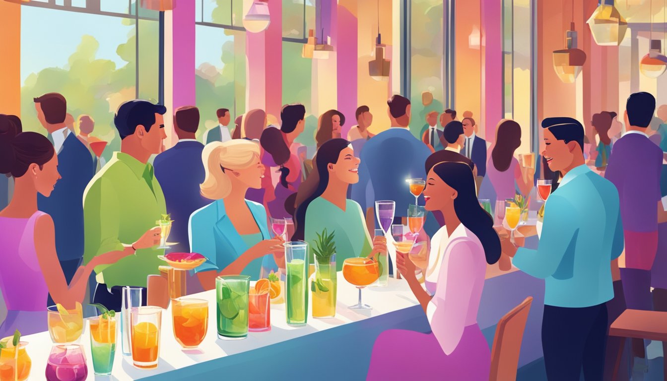 A vibrant cocktail brunch scene in Houston, Texas, with colorful drinks, elegant glassware, and lively atmosphere