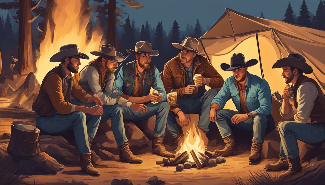 A group of cowboys gather around a campfire, listening to a podcast on a vintage radio while sipping on cocktails