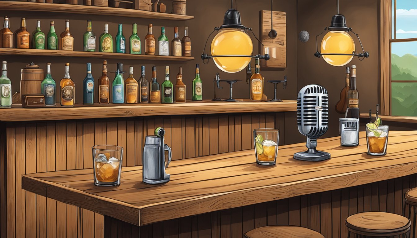 A rustic bar setting with Texas-themed decor and cocktail ingredients displayed, surrounded by microphones and recording equipment