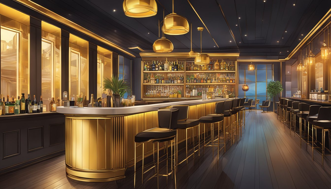 A vibrant and bustling bar with sleek, modern decor, adorned with golden accents and warm lighting