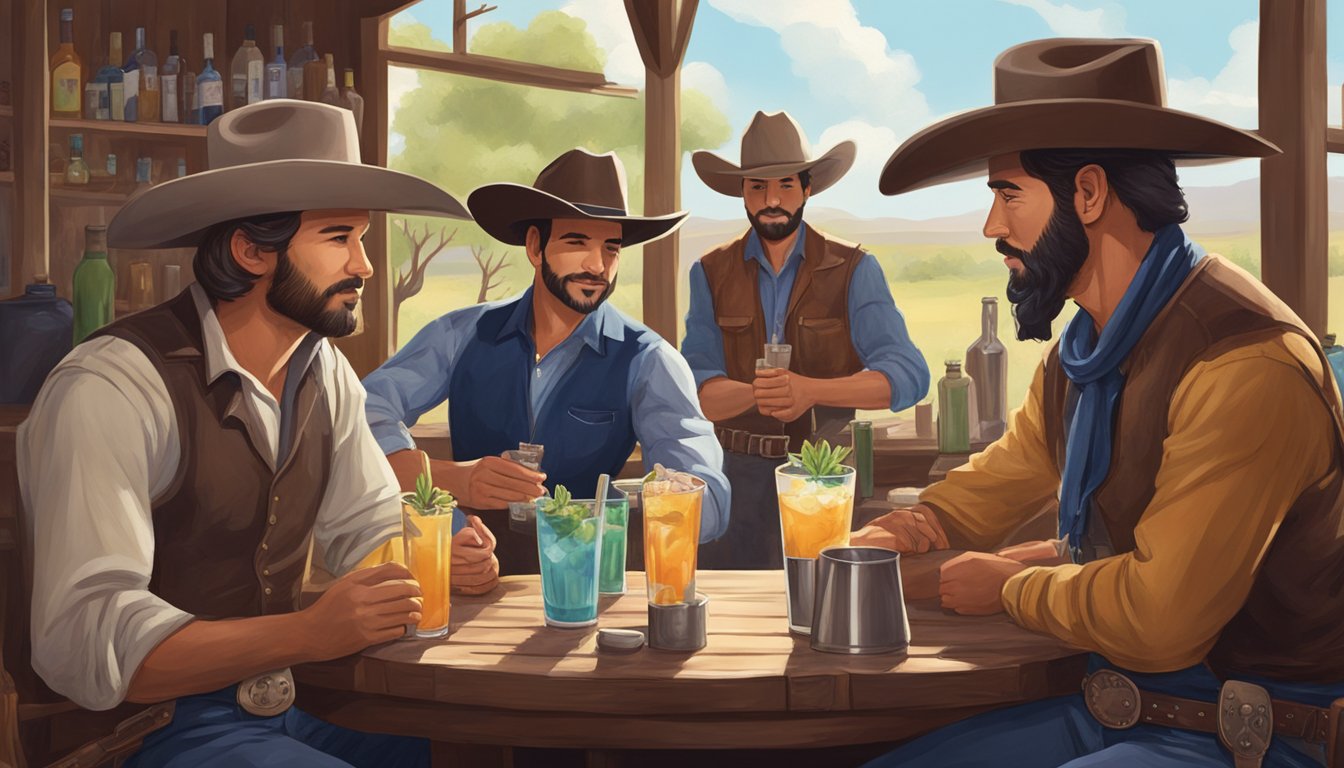 Two cowboys in a saloon, surrounded by bluebonnets, chatting and mixing cocktails