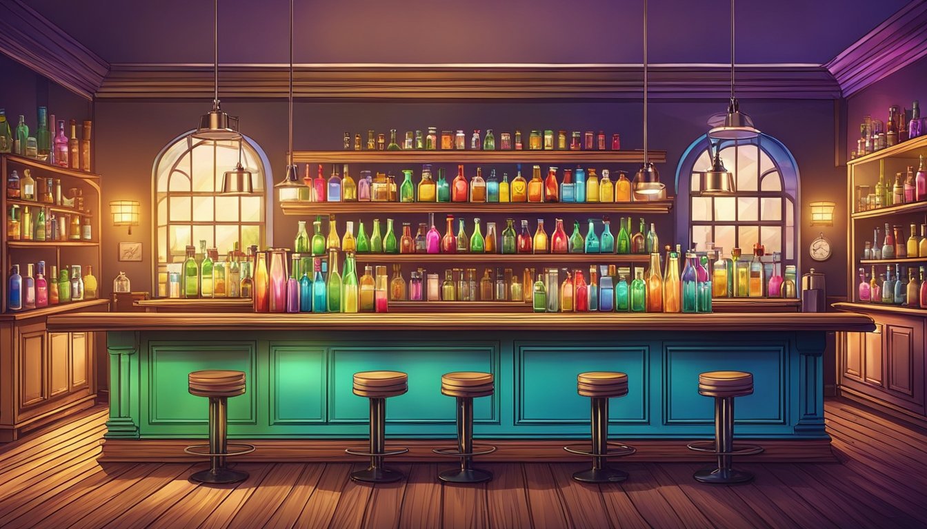 A vibrant cocktail bar with colorful drinks arranged on a polished wooden counter, surrounded by trendy decor and soft ambient lighting