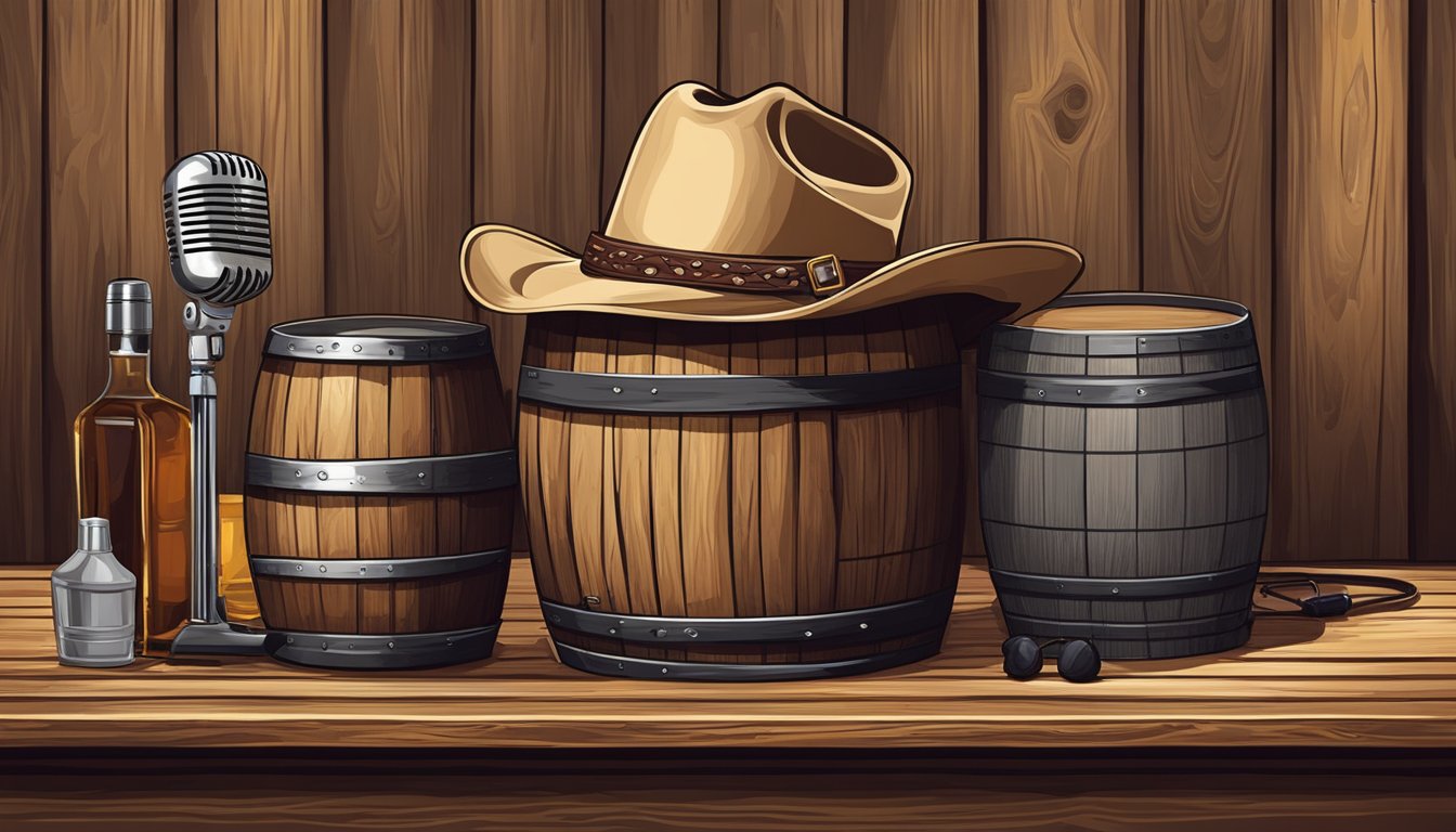 A rustic saloon with cowboy hats, a whiskey barrel, and a microphone