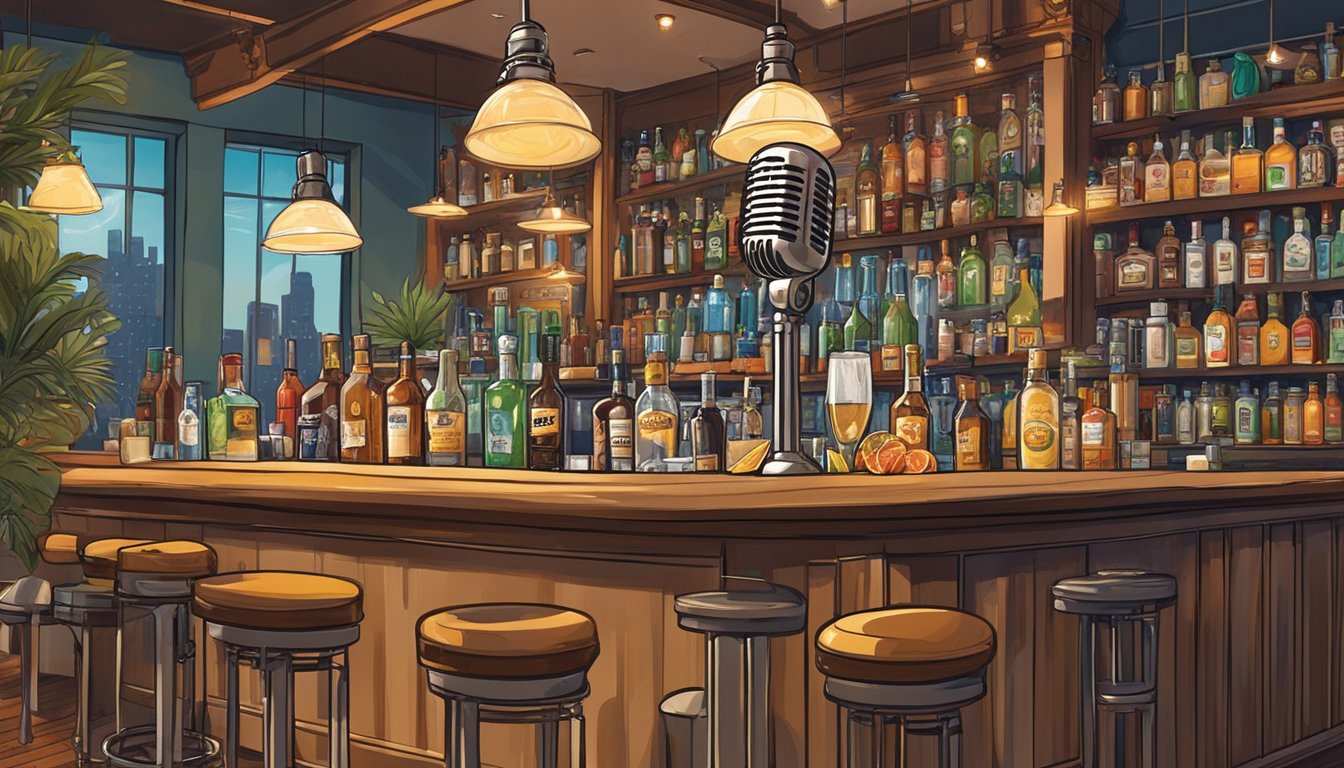 A microphone surrounded by cocktail ingredients and Texas-themed decor, set against a backdrop of a bustling bar scene