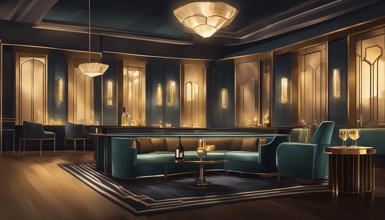 A dimly lit lounge with plush seating, a polished bar, and elegant glassware. Art deco accents and a warm ambiance create a sophisticated setting