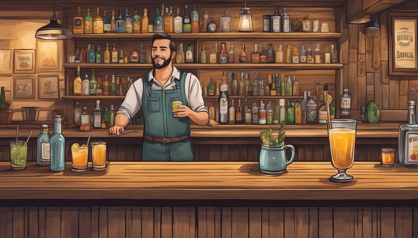 A rustic bar setting with Texas-themed decor, a mixologist crafting cocktails, and a podcast playing in the background