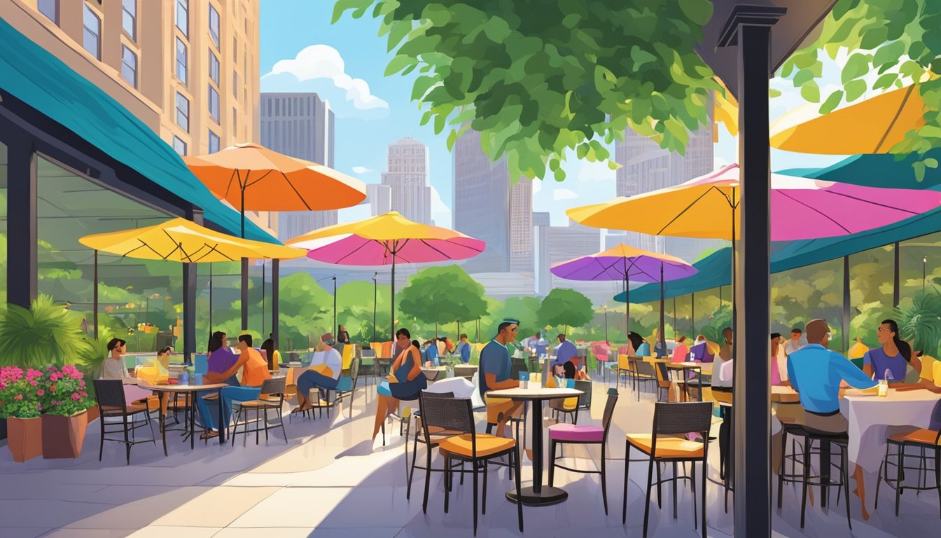 A vibrant outdoor patio with colorful umbrellas, lush greenery, and stylish cocktail tables set against a backdrop of the bustling city of Houston