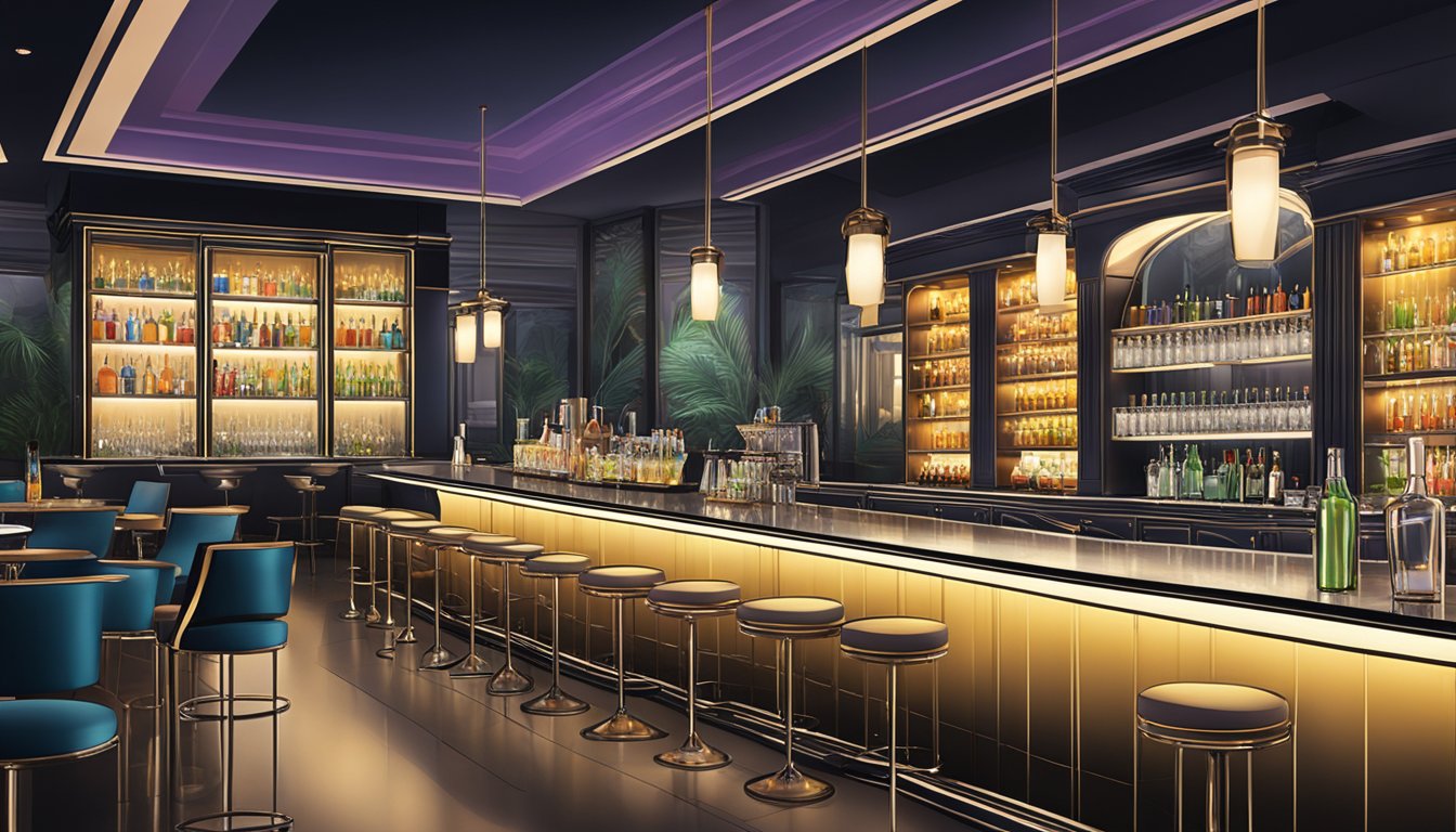 A stylish cocktail lounge with mood lighting, sleek bar, and plush seating. Glassware and cocktail shakers line the bar, while patrons enjoy drinks