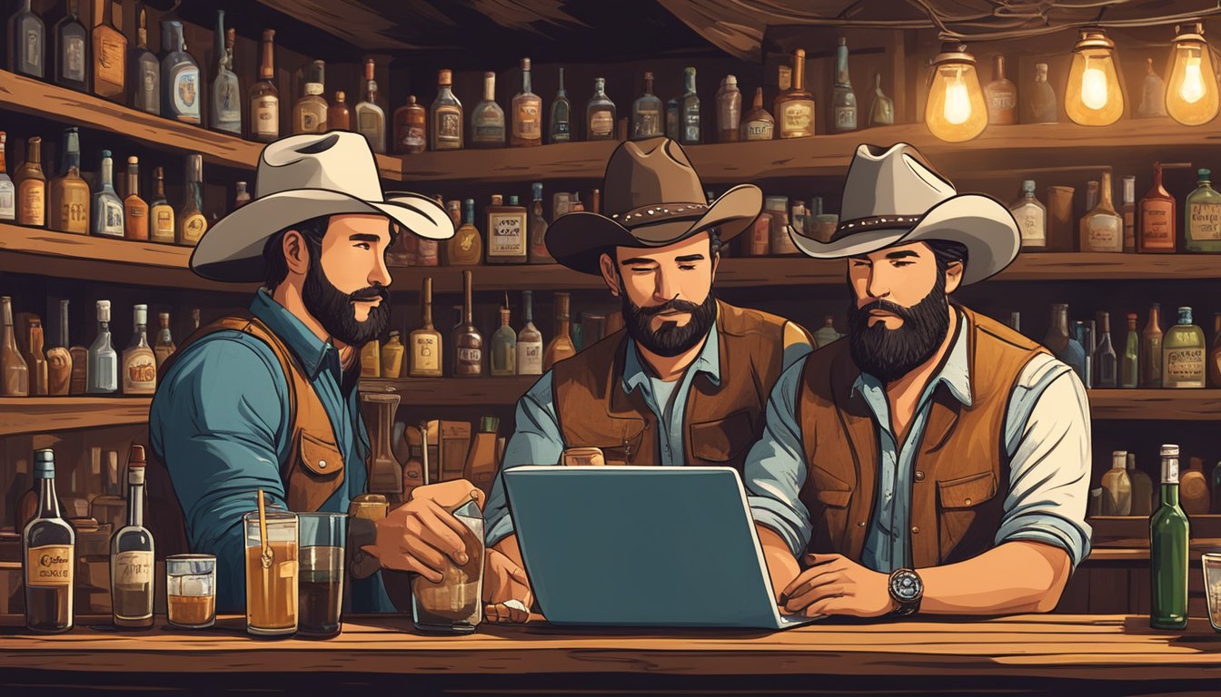 Two Texans in cowboy hats recording a podcast in a rustic bar, surrounded by shelves of cocktail ingredients and vintage barware