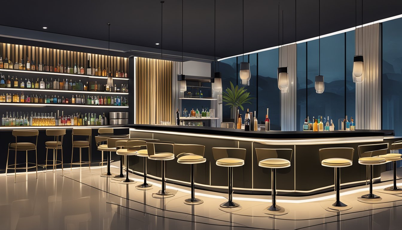 A sleek and modern cocktail lounge with dim lighting, plush seating, and a well-stocked bar